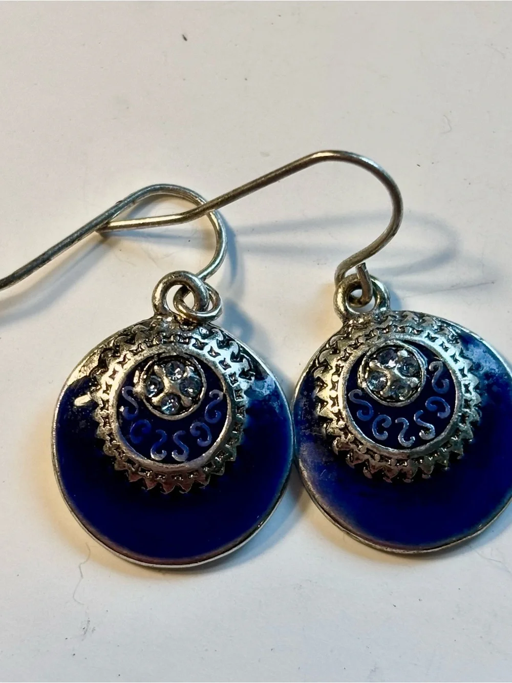 Cobalt Blue Enamel Disc Drop Earrings Boho Silver Tone Rhinestone Geometric